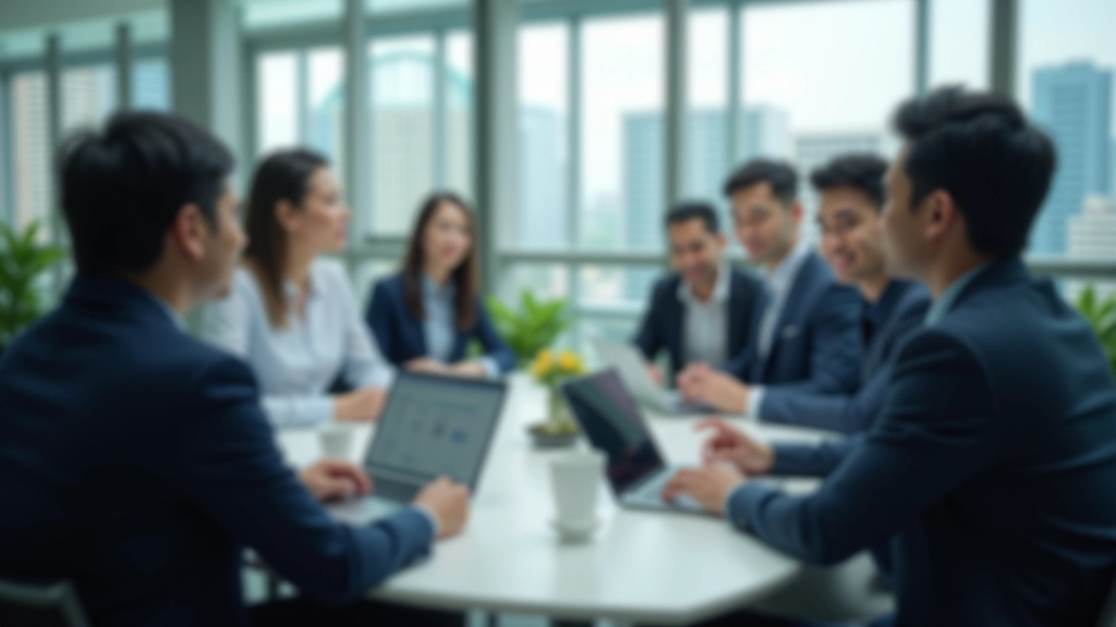 Professional team meeting in modern office discussing business strategy with laptops and notebooks on table, collaborative atmosphere