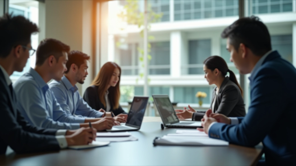 Modern business professionals collaborating in professional office environment with laptops and financial reports
