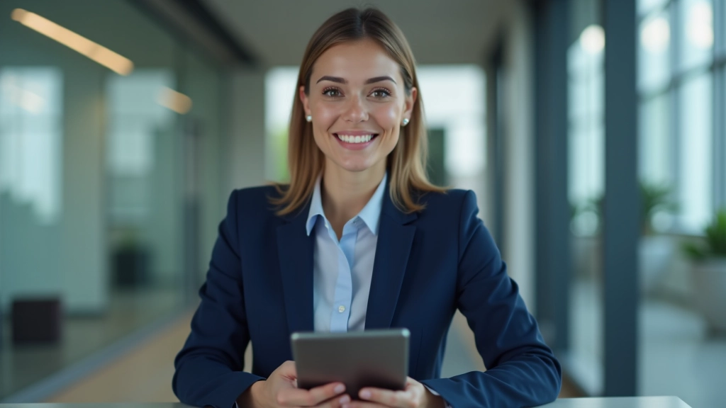 Woman entrepreneur in business attire using tablet while working at modern desk with digital interface overlay visible on screen