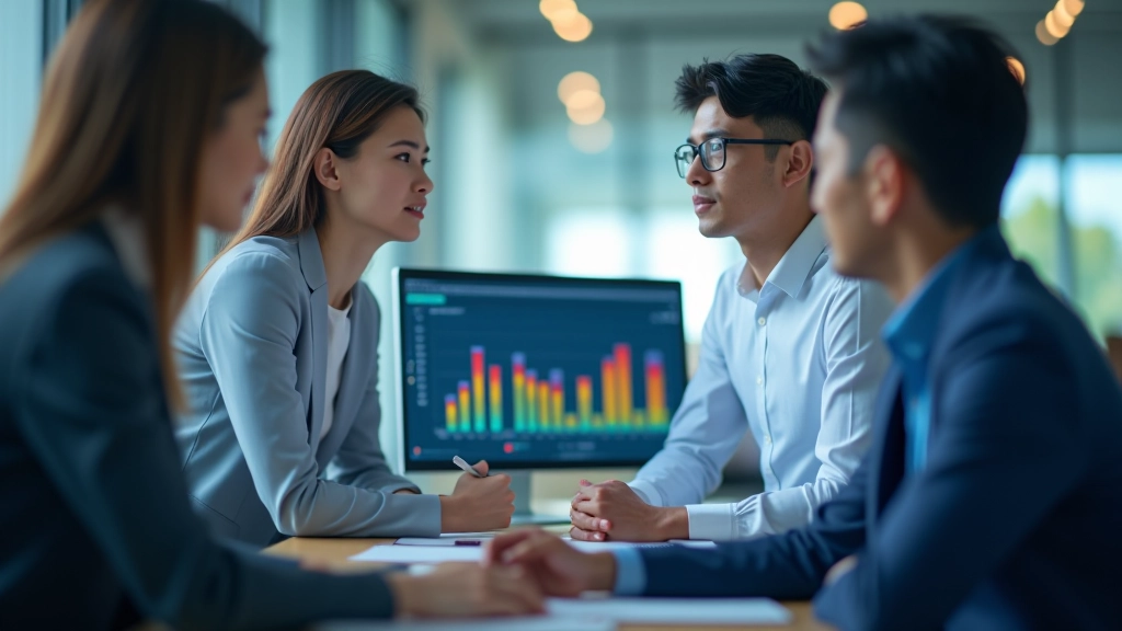 Business professionals in modern office reviewing colorful business analytics dashboard on screen