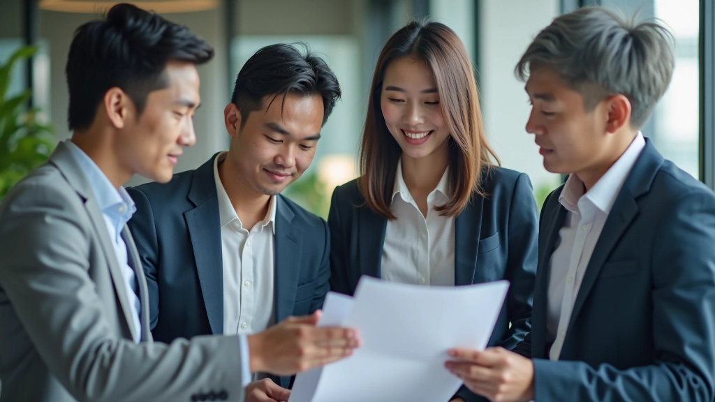 Professional photograph of diverse business professionals in modern office setting reviewing business documents and data charts