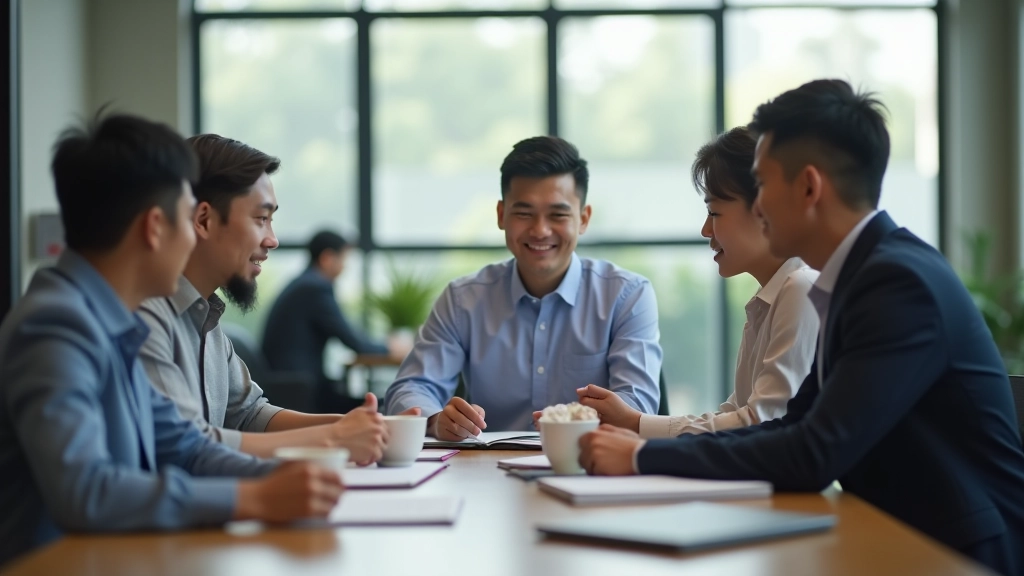 Group of diverse entrepreneurs in casual business attire collaborating around a table with notebooks and coffee cups