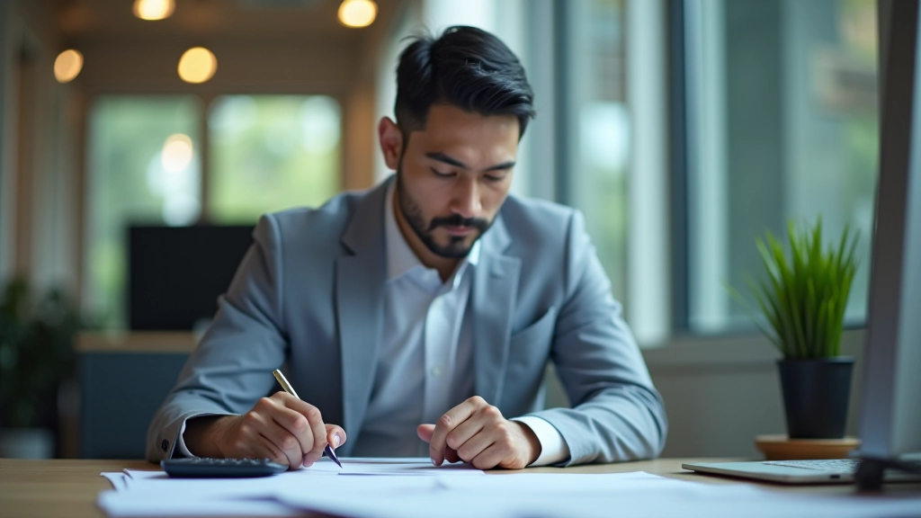Stressed entrepreneur working late at desk with financial documents and calculator, illustrating business challenges and pressure