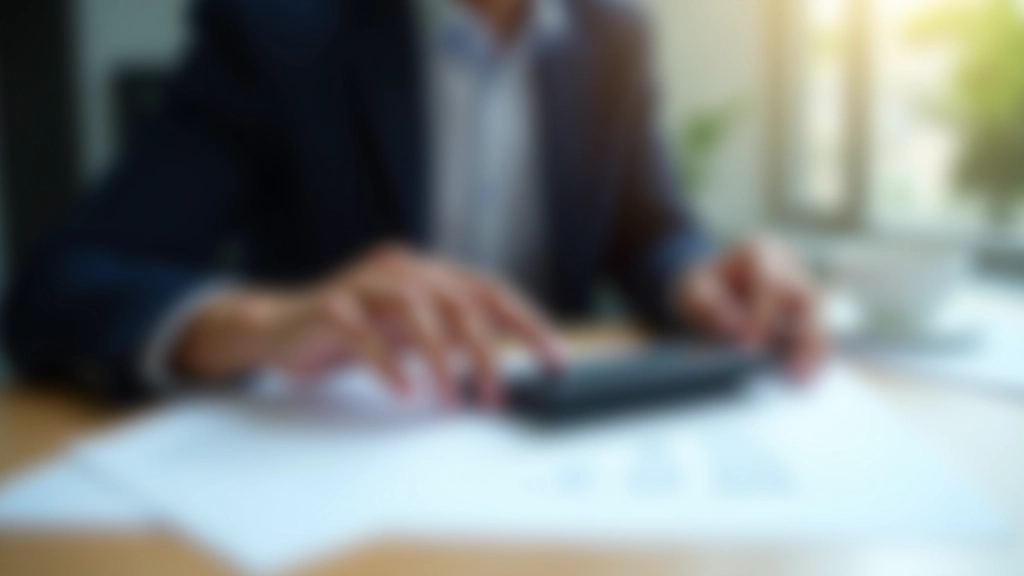 Close-up of person's hands reviewing financial documents and calculator on wooden desk, paperwork showing charts and numbers