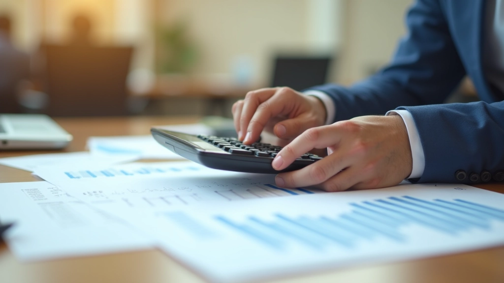 Hands holding calculator over financial chart with business metrics and analysis data displayed