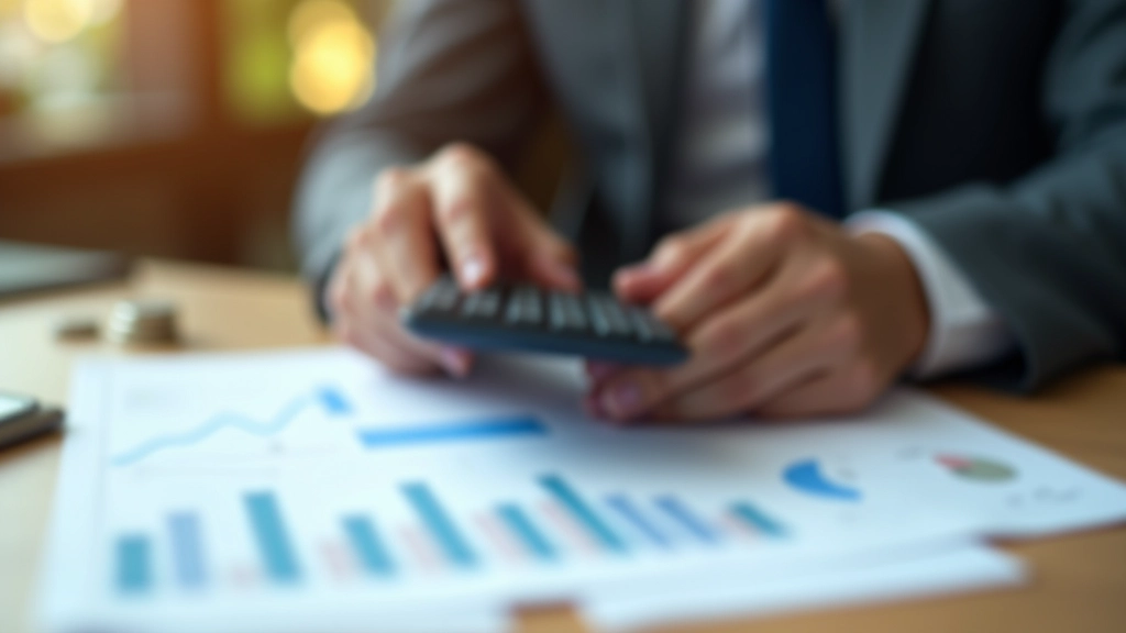 Hands holding calculator over financial documents and business spreadsheets for GDP analysis