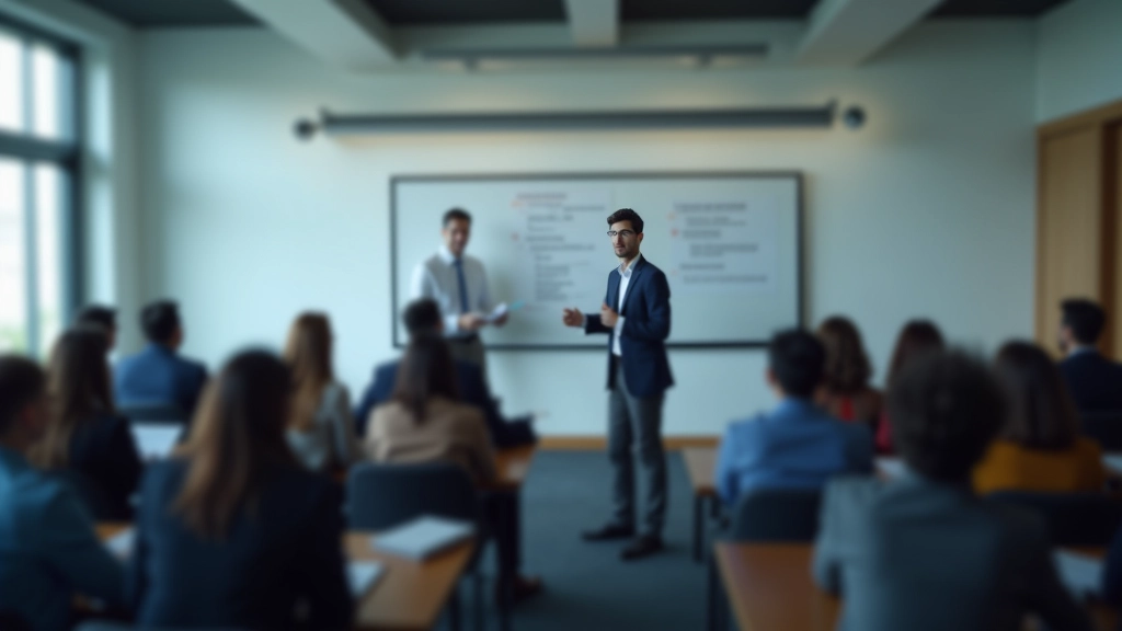 Group of diverse entrepreneurs in workshop setting learning from instructor pointing to whiteboard with business strategy notes