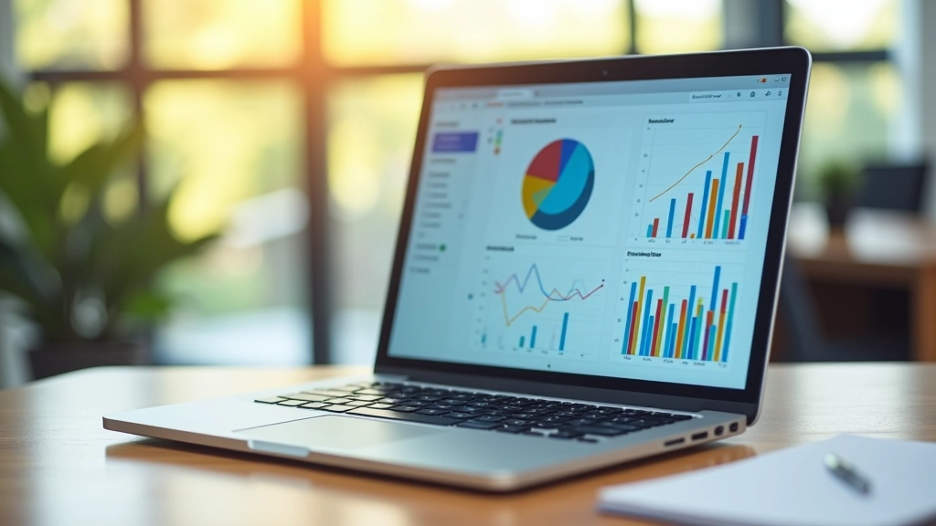 Laptop displaying business analytics dashboard with growth charts and financial data on screen