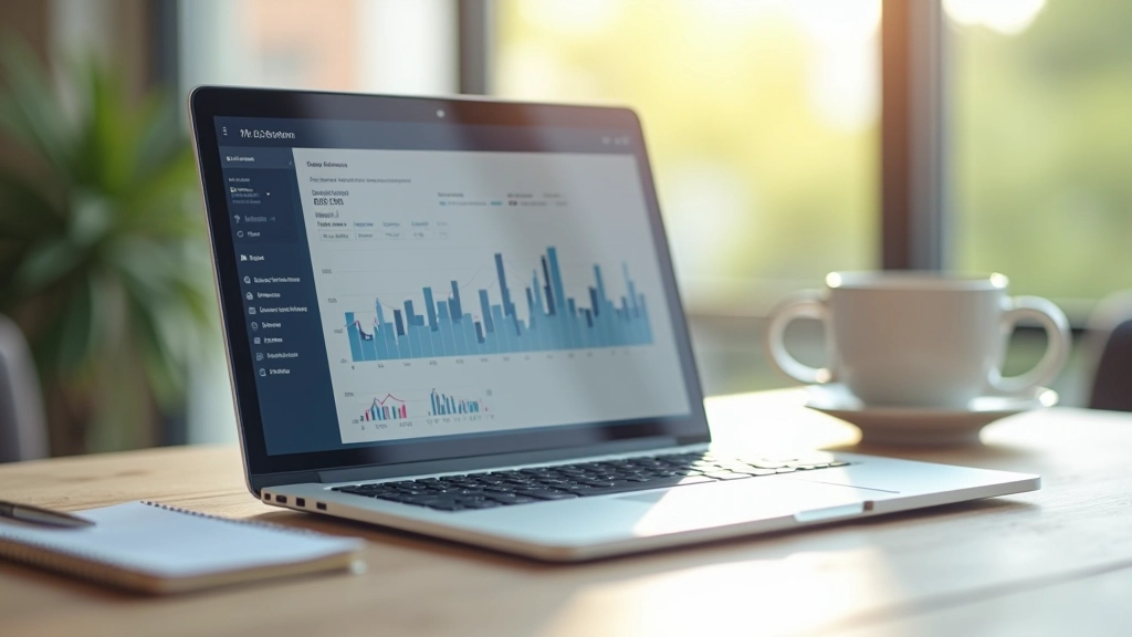 Modern laptop on wooden desk with financial analysis graphs displayed on screen and coffee cup beside it