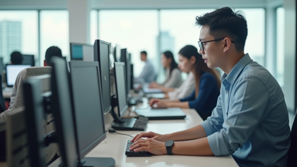 Modern technology startup workspace with young entrepreneurs working on computers and digital projects, showing innovation and growth